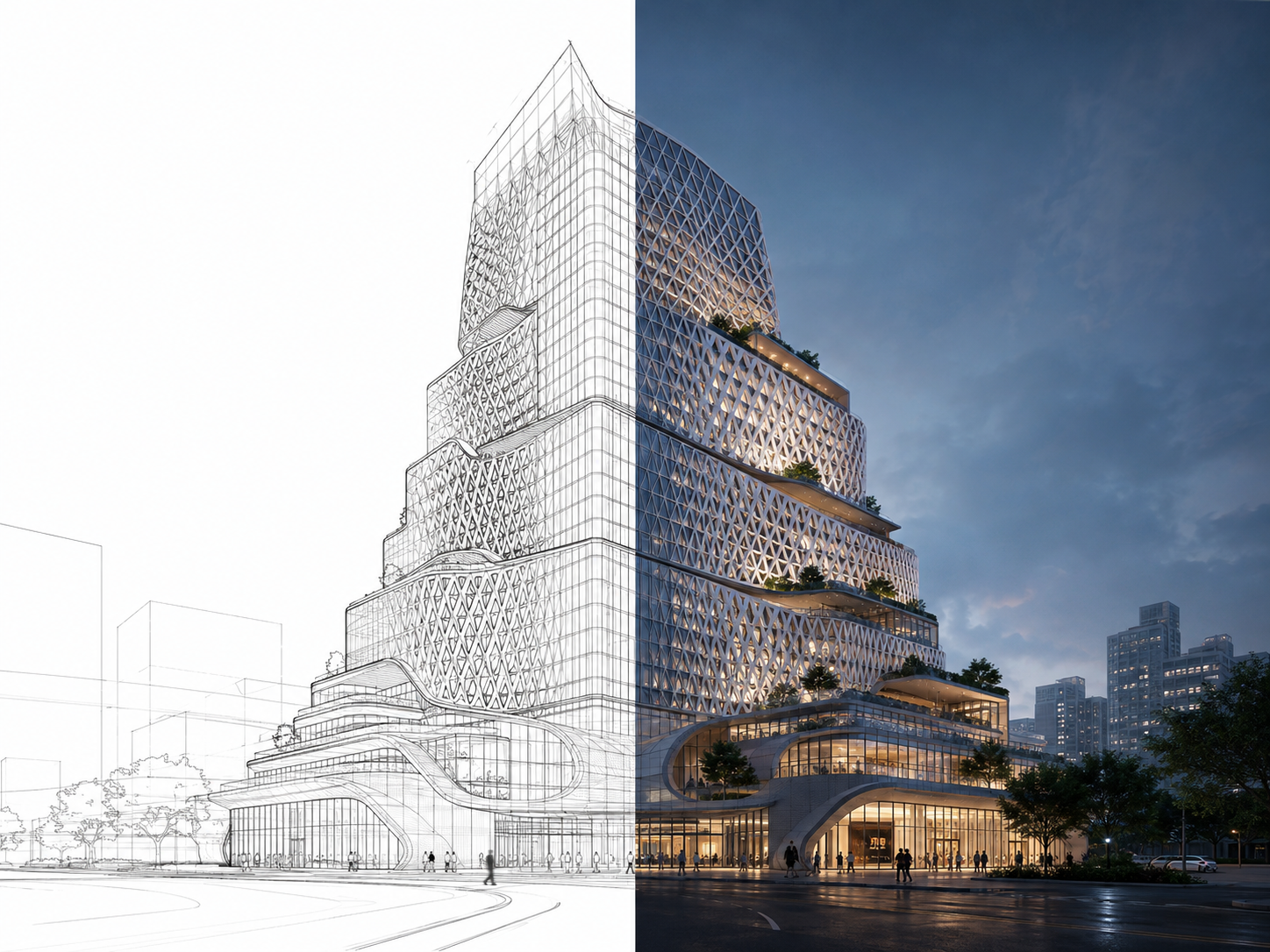 Architectural tower transitioning from line drawing to rendered design