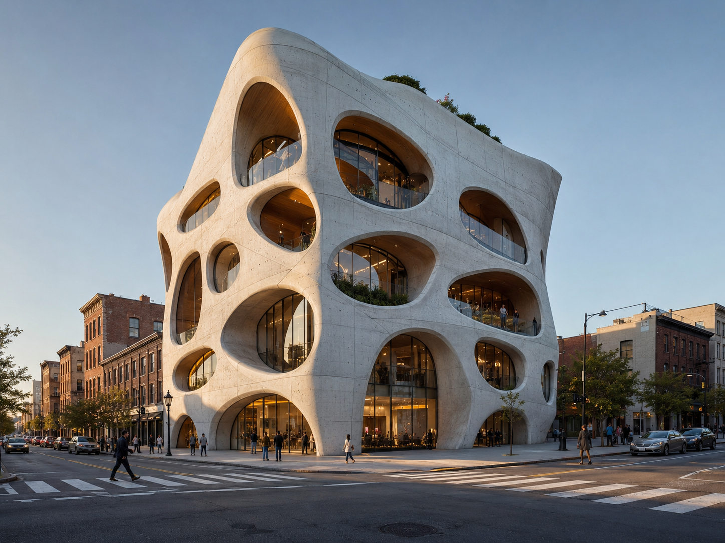 Sculptural white building with rounded openings on a city corner
