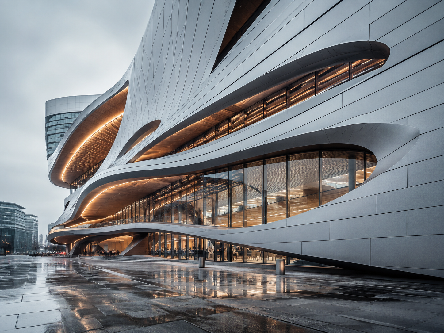 Curved contemporary facade with warm lighting on a rainy plaza