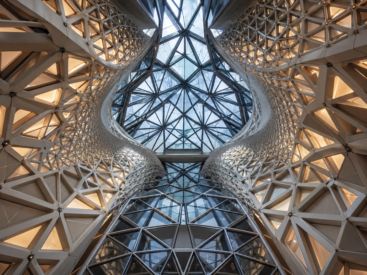 Parametric lattice structure surrounding a glazed atrium