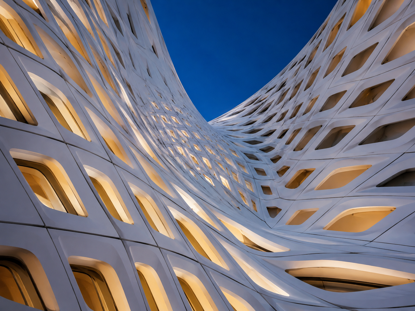 Flowing parametric facade with warm illuminated openings