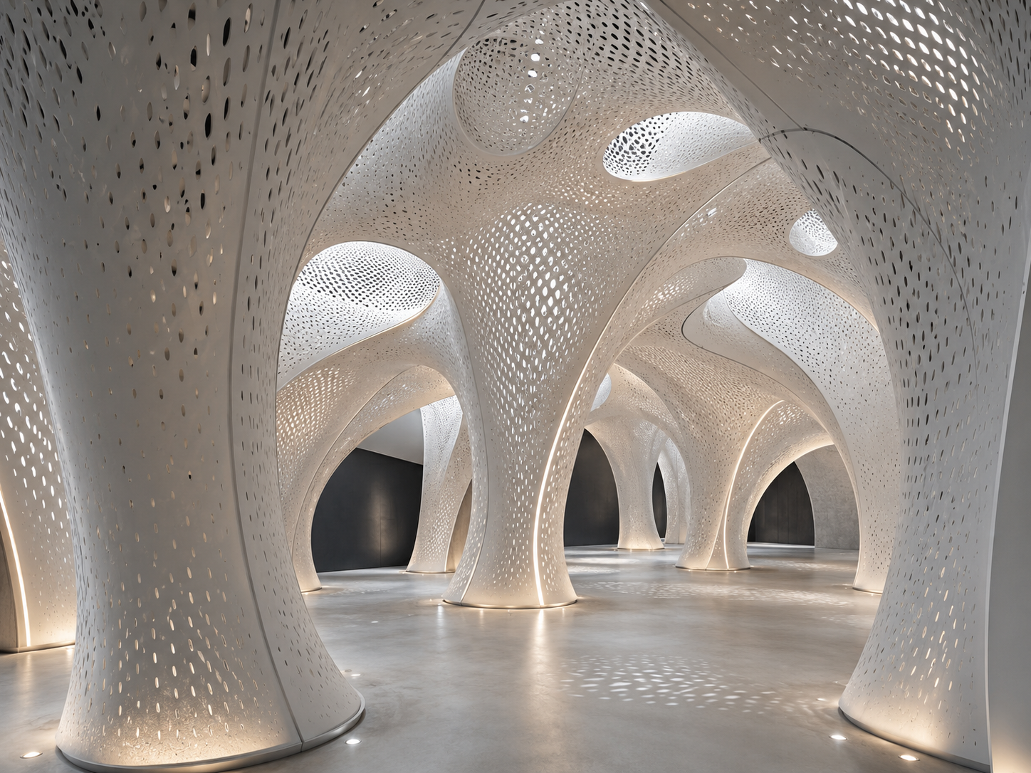 Perforated branching columns forming a luminous computational interior
